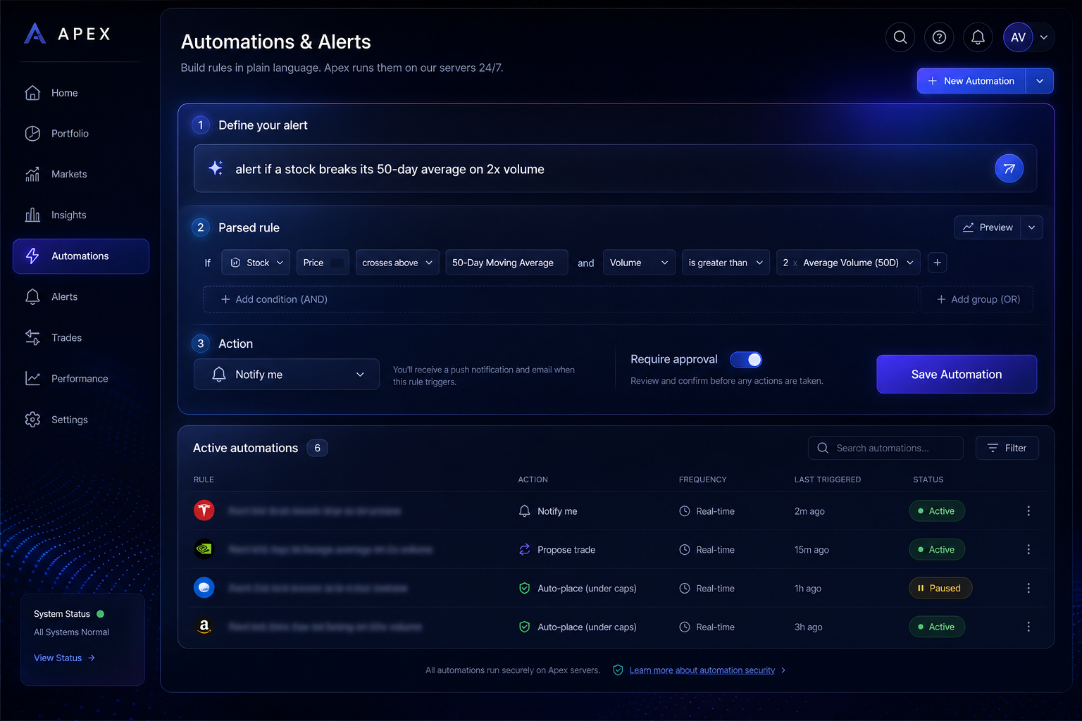 AFOS.one automations and alerts builder configuring rule-based actions