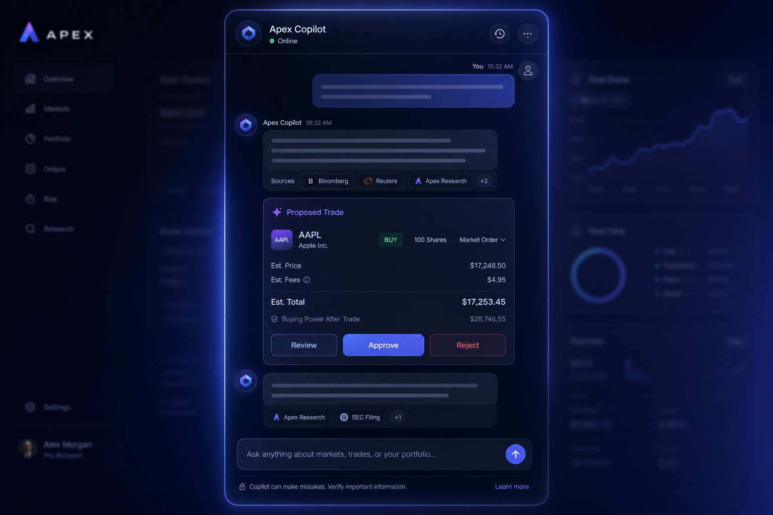 AFOS.one AI copilot chat interface analyzing a portfolio and proposing a trade